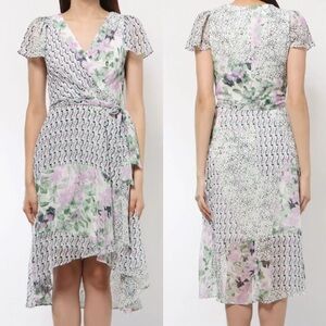 DKNY Wrap Flower Patterns Chiffon Short Sleeves Dress Size 4P